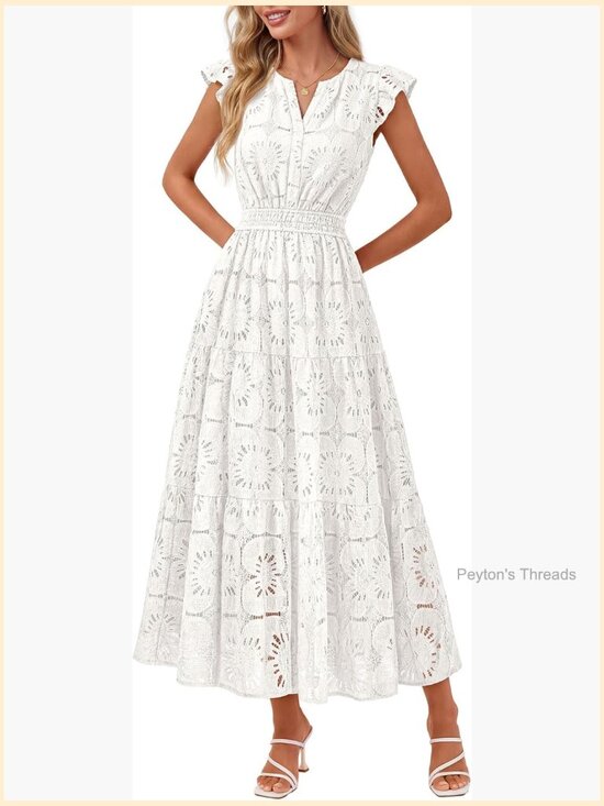 Dresses & Skirts - Flutter Sleeve Lace Eyelet Maxi Dress Tiered Boho Beach Vacation